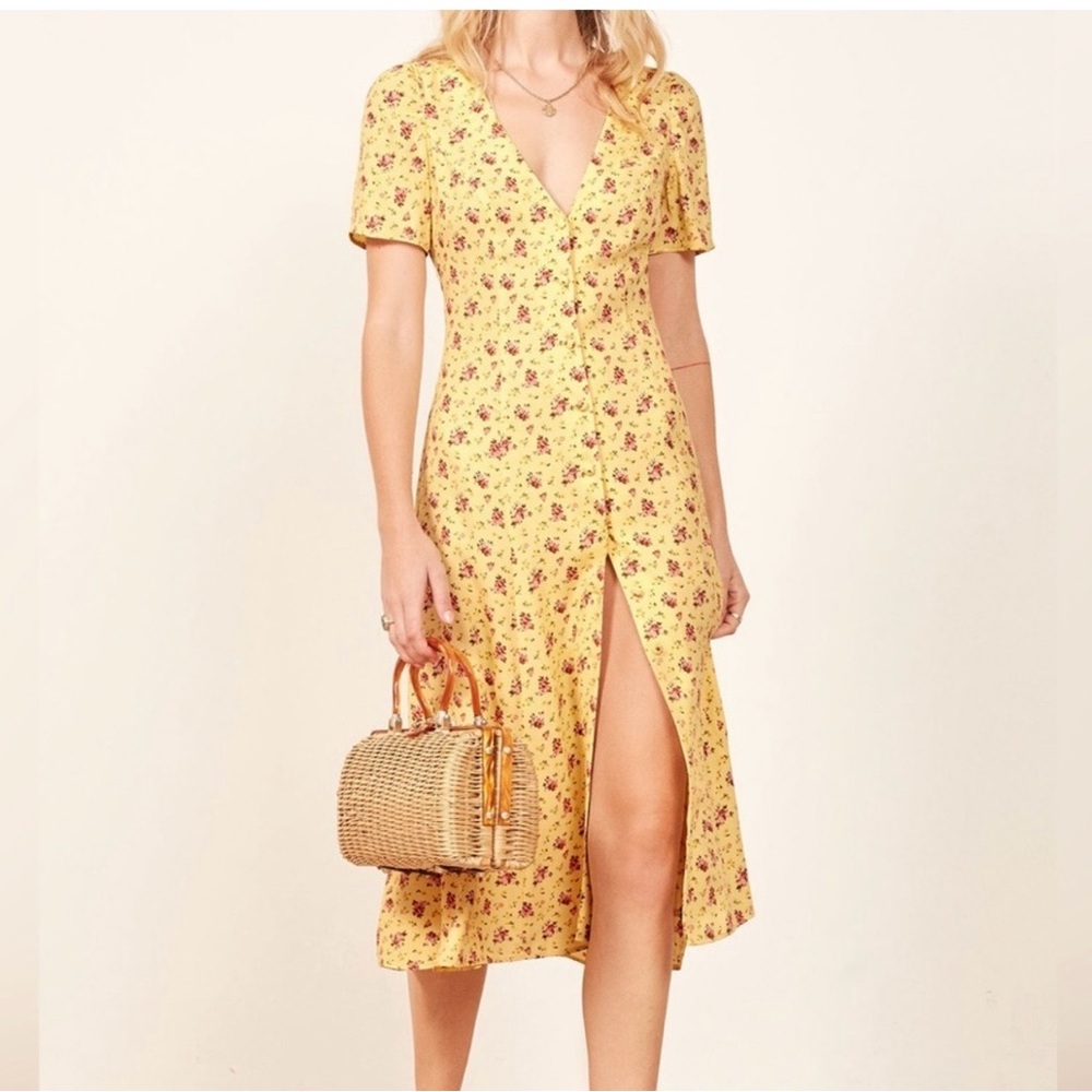 Reformation Yellow Floral Button Front Midi Dress Size 6 Cottagecore Spring